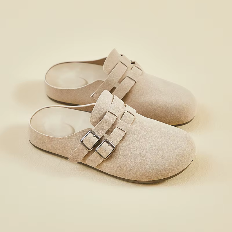 Chaussures en daim pour femmes, Mules plates, Design à boucle, couvre-orteils à enfiler, mode d'été
