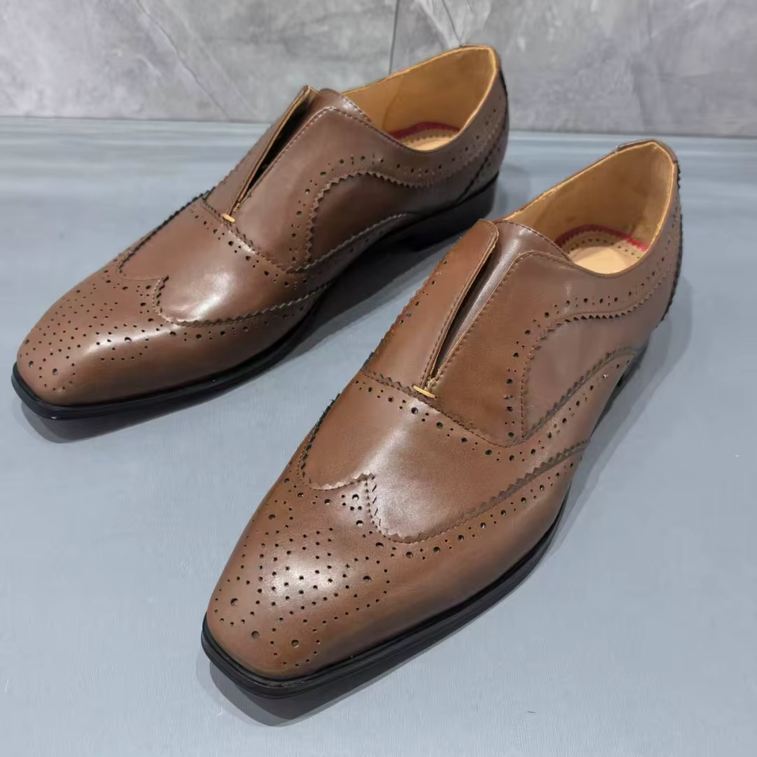 Chaussures Homme en Cuir Marron Neuf à Bout Carré, Semelle Rouge, Style Business, Grandes Tailles 40