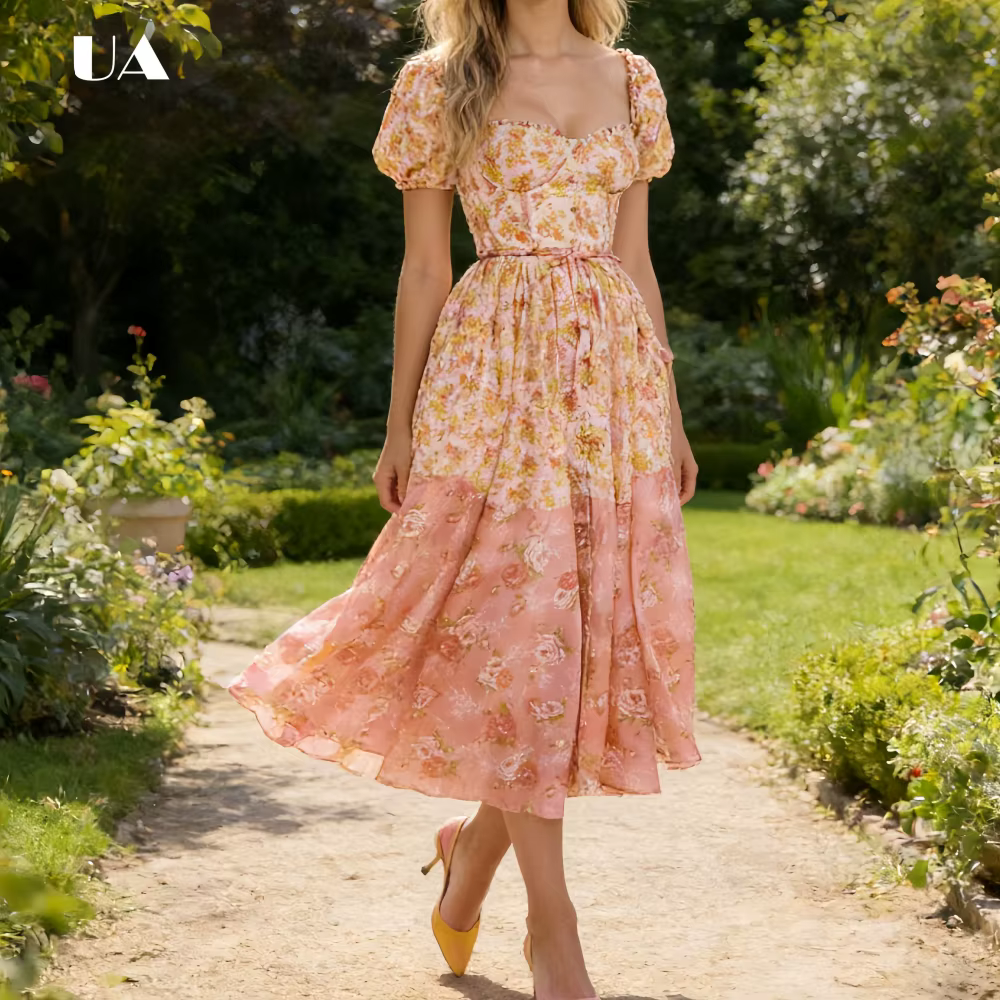Robe midi évasée à imprimé floral élégant de style français ULBYANRY avec col à volants, robe empire