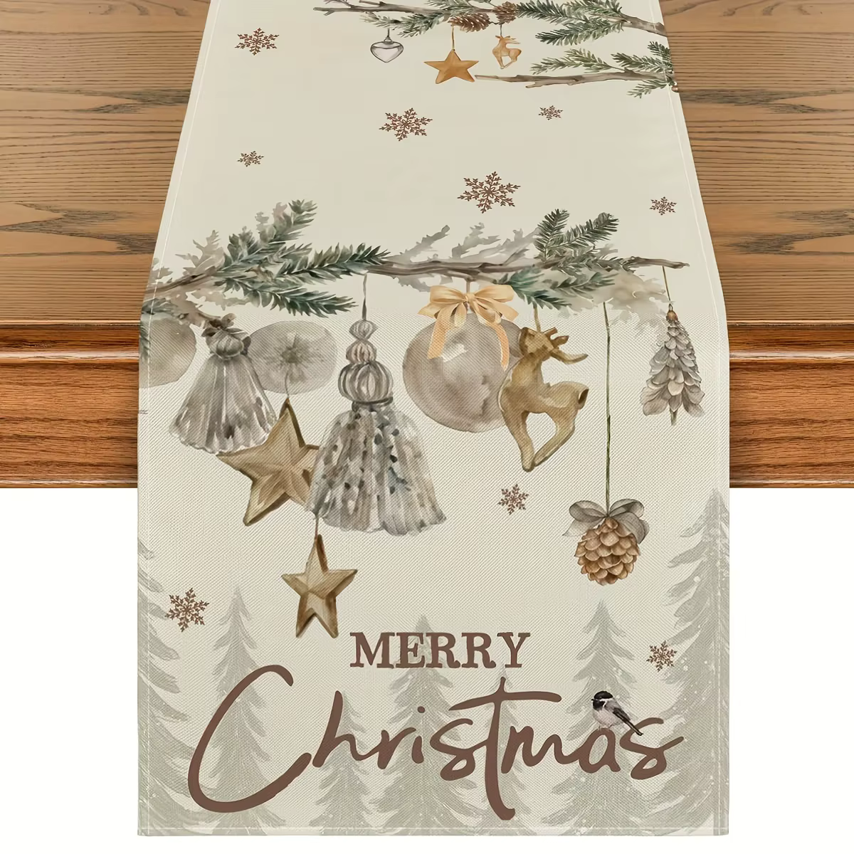 1 morceau de drapeau de table de Noël de style scandinave, branches de pin peintes à l'aquarelle lég