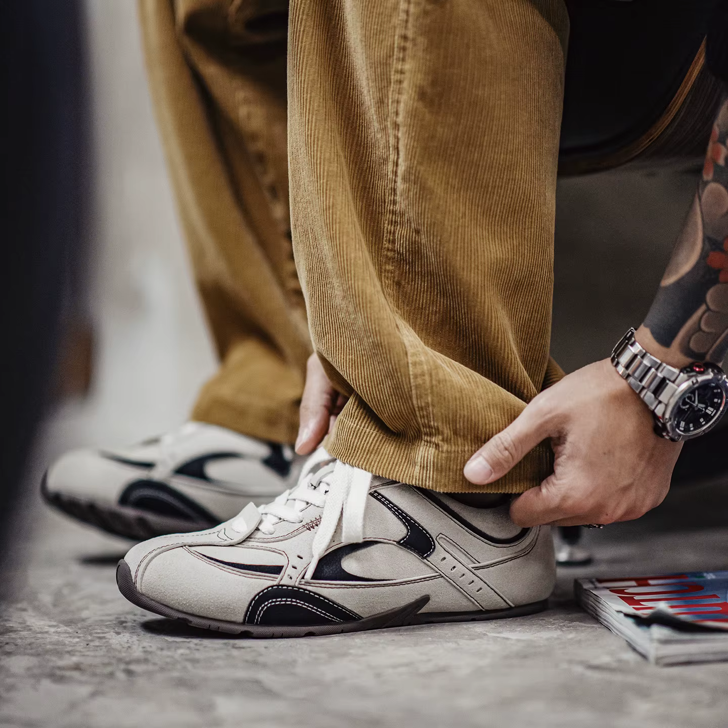 Maden – chaussures de course vintage pour hommes, baskets à lacets à semelle fine de couleur contras