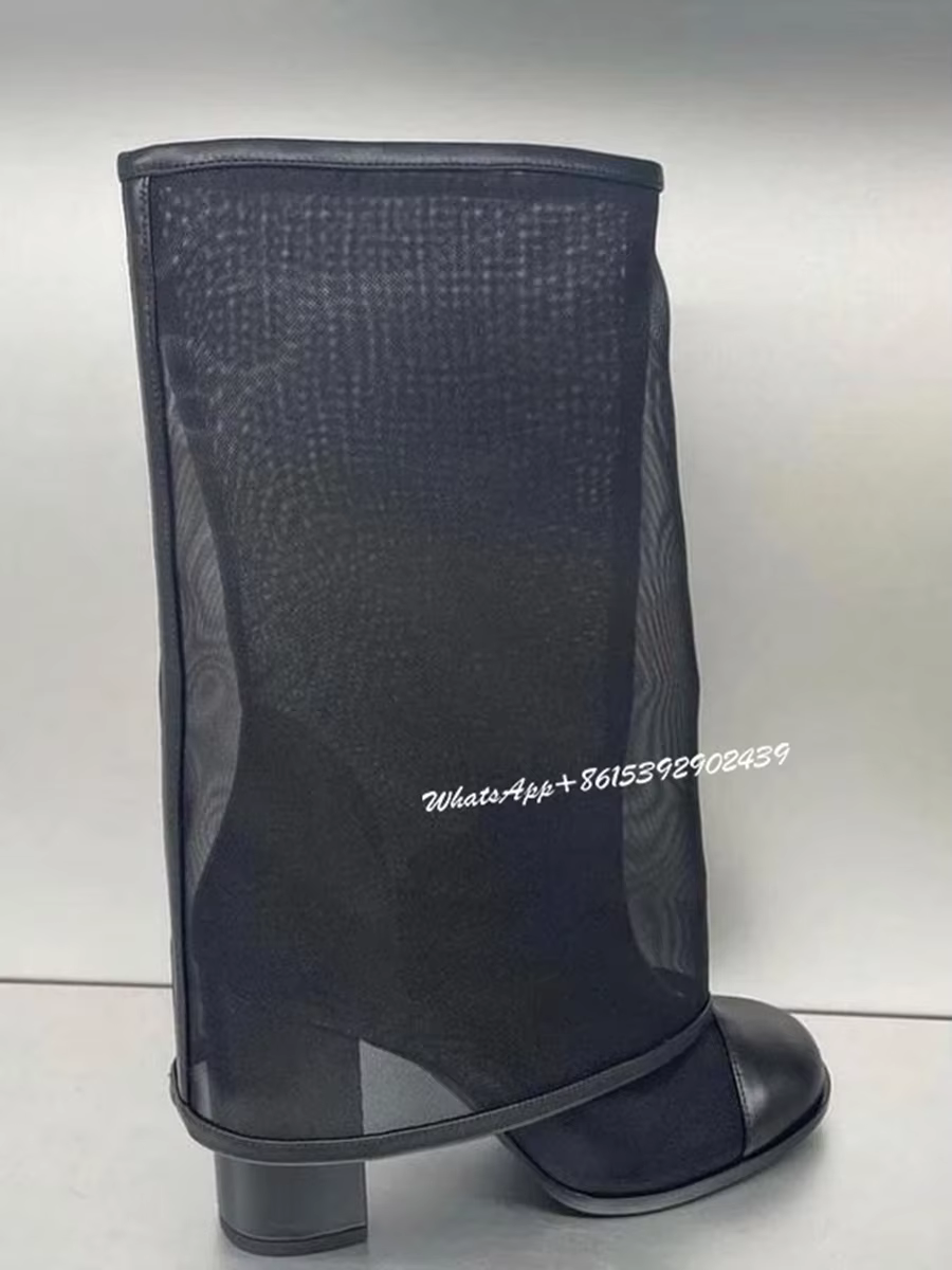 Bottes en Maille à Manches Rabattables pour Femme, Chaussures à Talon Creux, Noir, Rond, Essence, Él