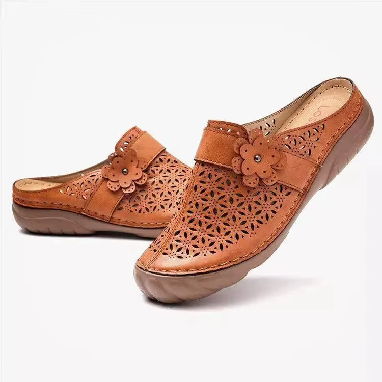 Chaussures à fond plat pour femmes, demi-pantoufles Vintage torsadées à tête de fleur, Style loisirs