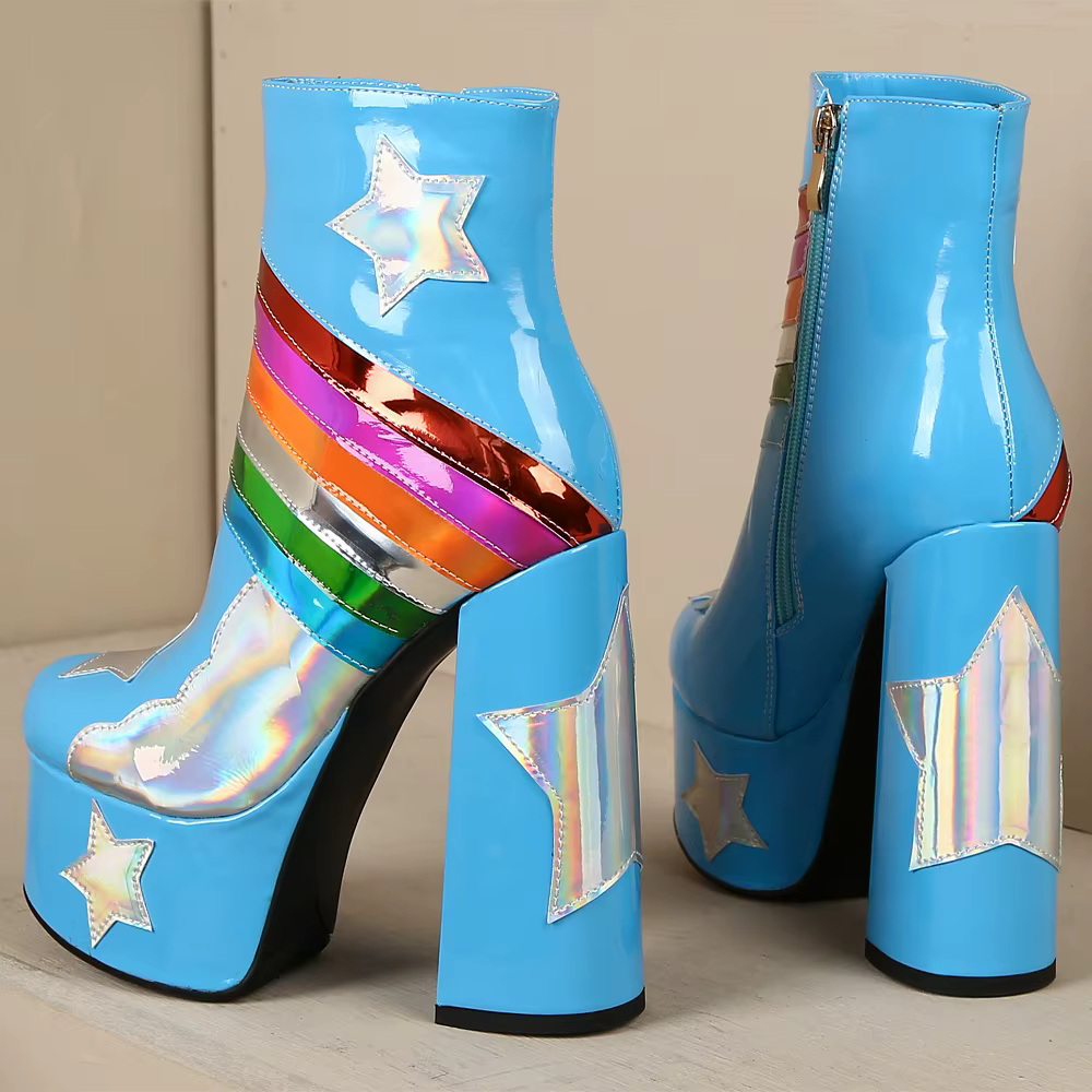 【JOCHEBED HU】 bottes courtes arc-en-ciel à plateforme très haute pour femmes ciel nuages fond épais 