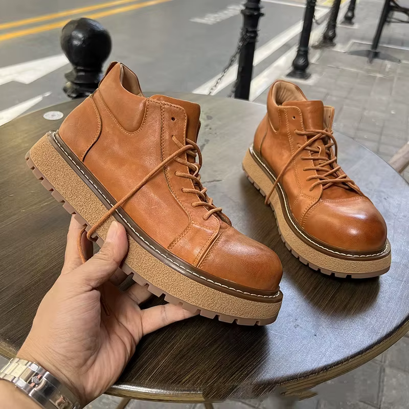YETTIES – bottes de Combat en cuir véritable pour hommes, bottes de travail à semelle épaisse mi-mol