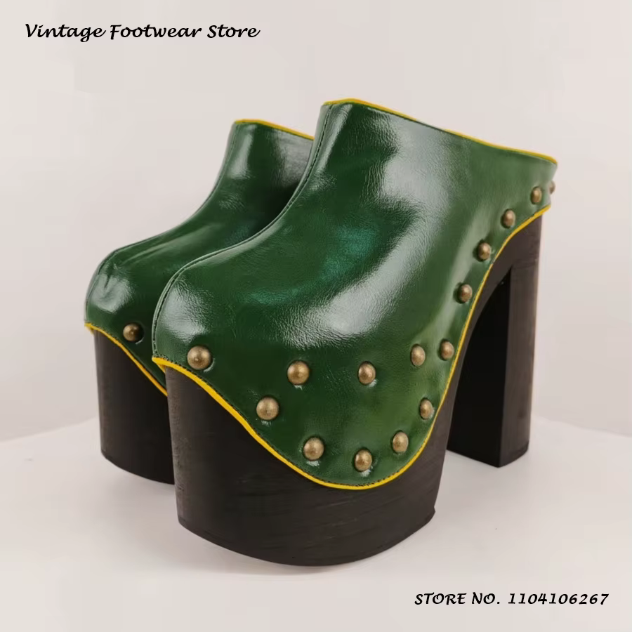Mules à plateforme en cuir clouté vertes à bout rond et talon épais, style décontracté urbain, grand