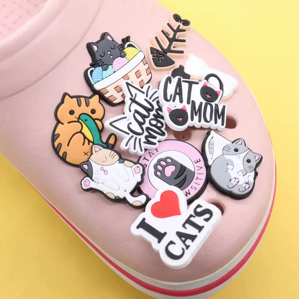 Breloques de chaussures en arête de poisson pour enfants, I Love Cats, Meow, AdTosAccessrespiration,