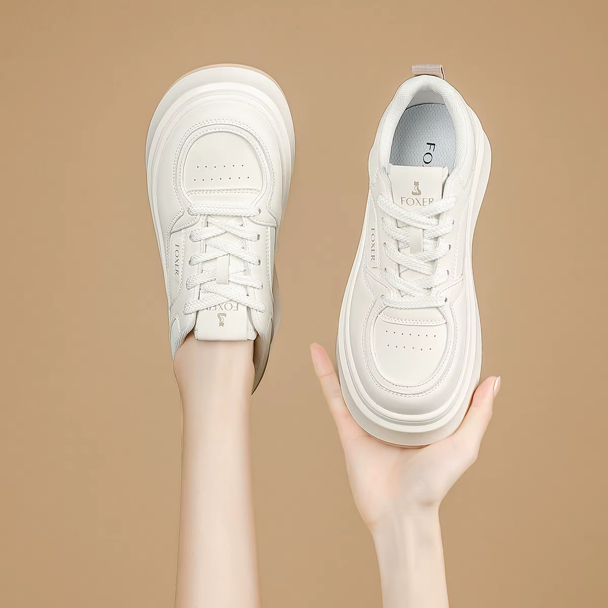 FOXER 2026 Printemps-Été – Baskets compensées pour femme à semelle épaisse, décontractées, blanches,