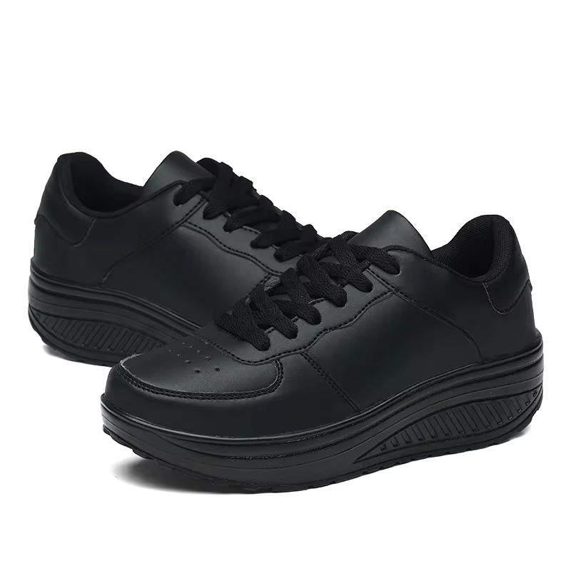 Chaussures de marche en PU noir et blanc pour femmes, bottines à lacets à semelles épaisses, à la mo