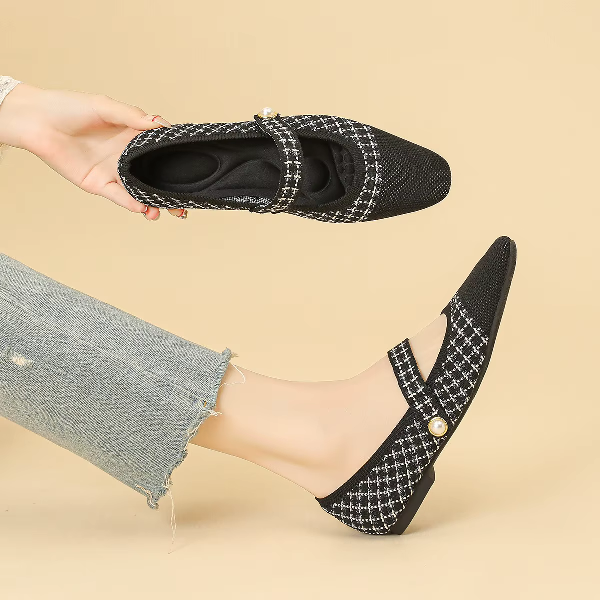 Chaussures plates tricotées pour femmes, chaussures de marche décontractées, respirantes, confortabl