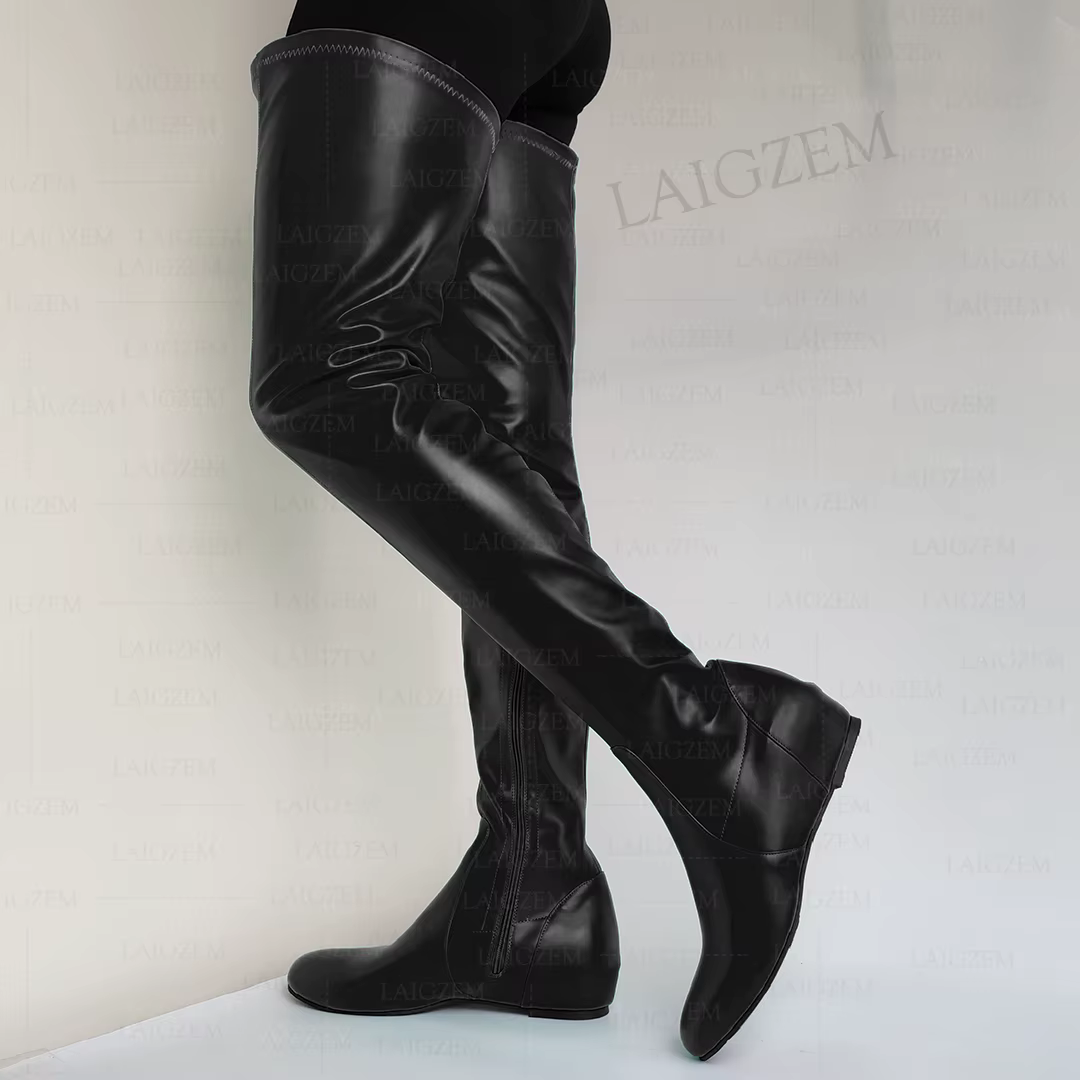 LAIGZEM femmes cuissardes en Faux cuir bout rond fermeture éclair latérale mi talons cachés bottes d