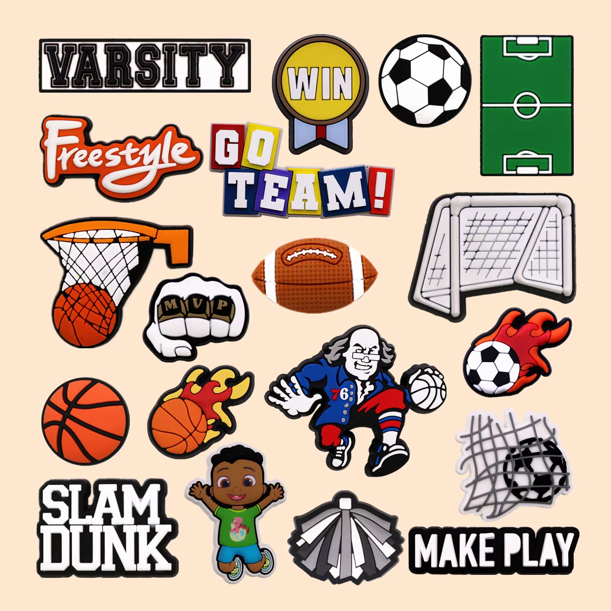 Breloques de chaussures en PVC pour jeu de balle original, mini basket-ball, football, rugby, clips 