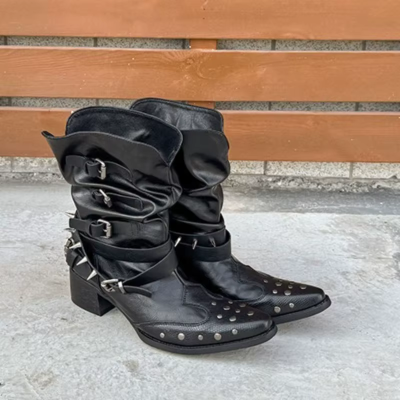Bottes simples à talon bloc avec boucle en métal cloutée, bout pointu, pied de Pub, antidérapant, ré