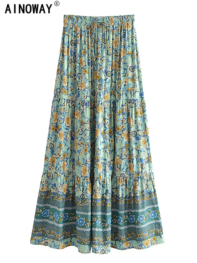 Jupe Vintage Chic à Imprimé Floral pour Femme, Style Bohème, Taille Haute artificiel astique, Gothiq