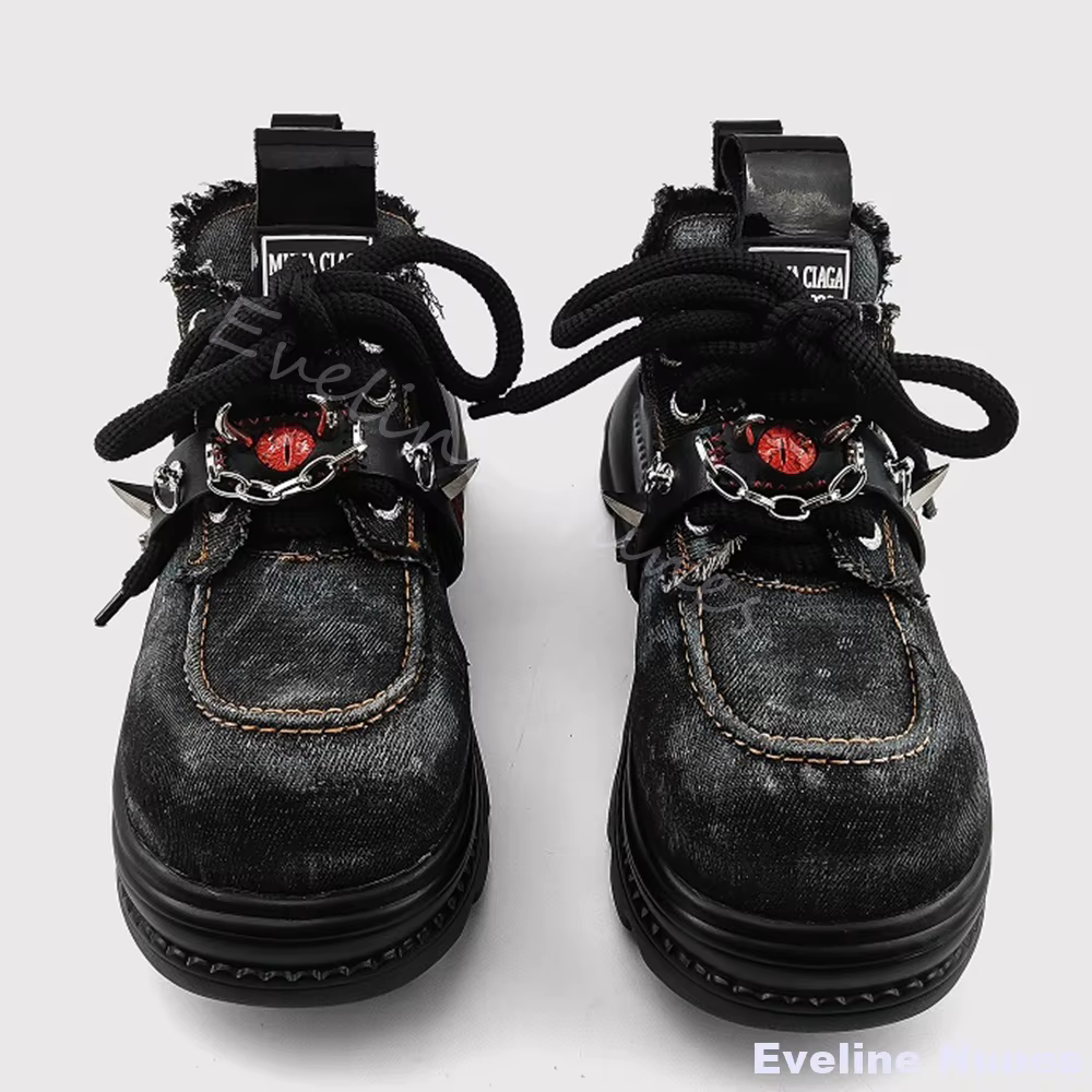 Evil Eye Punk Denim chaussures femmes décoration en métal bout rond plate-forme croix liée chaussure