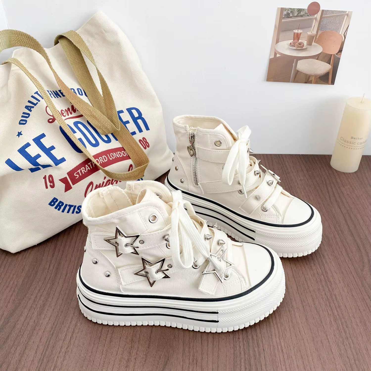 Chaussures montantes en toile rose Y2K pour femme, avec rivets et boucles, à lacets, plateforme, cha
