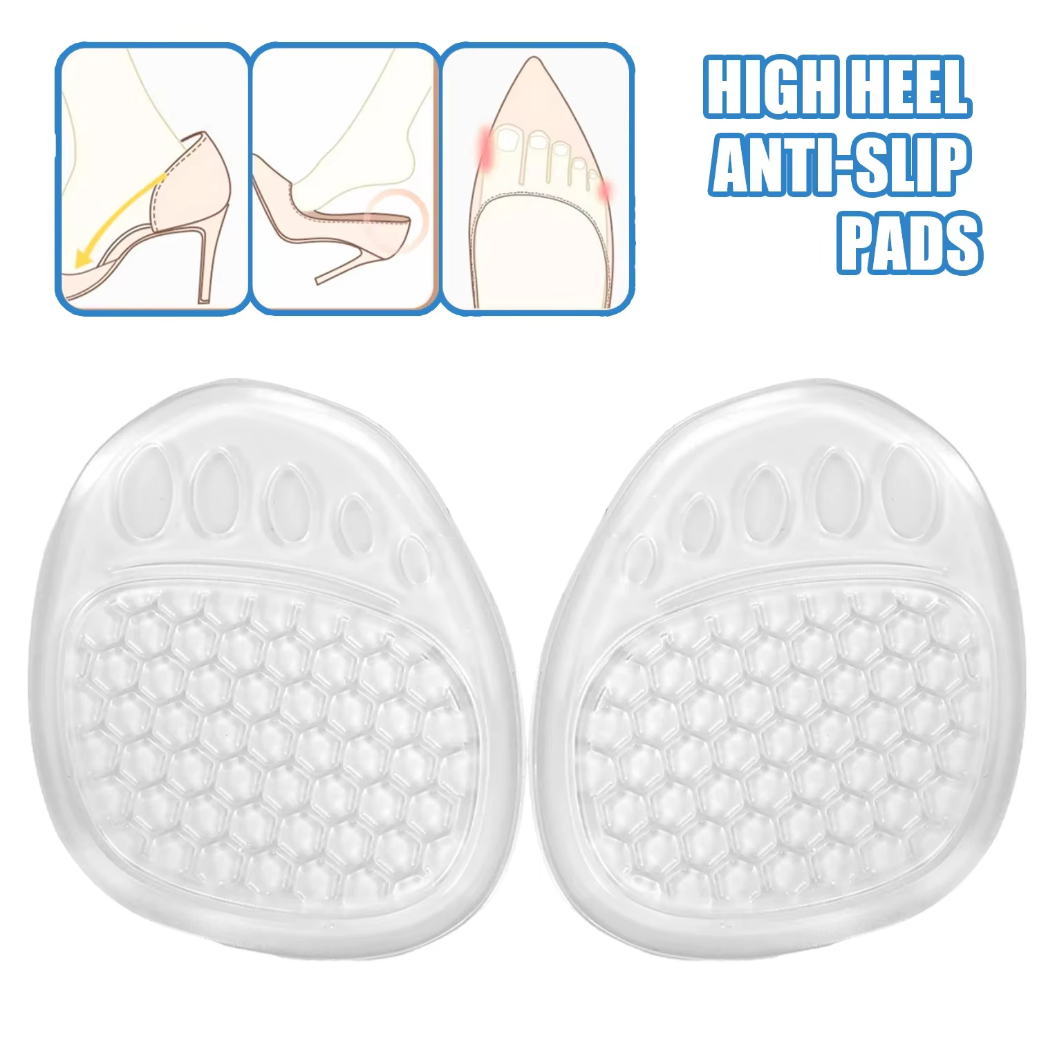 4Pairs Forefoot Insert Cushion Pads for Women Shoe Anti Slip Silicone Foot Pain Relief for High Heel