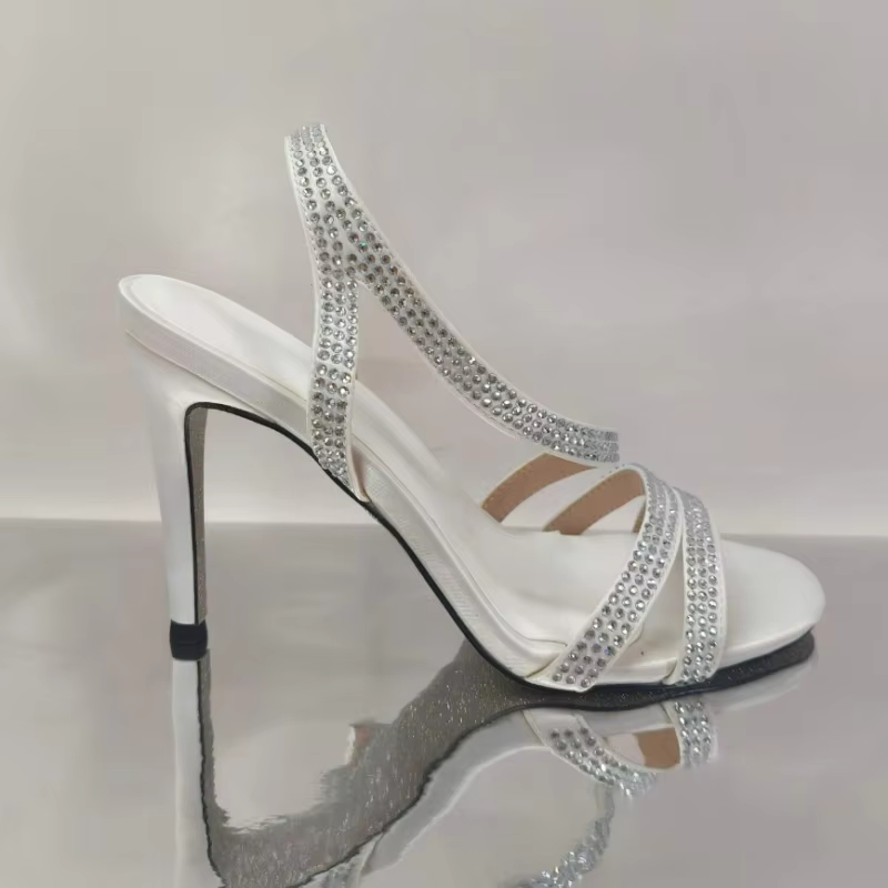 Sandales à talons hauts pour femmes avec strass, bout rond, bride cheville, talons solides, chaussur