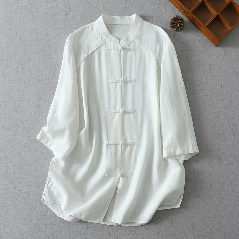 Chemisier blanc en coton et lin de style chinois traditionnel pour femme, manches 3/4, cardigan déco
