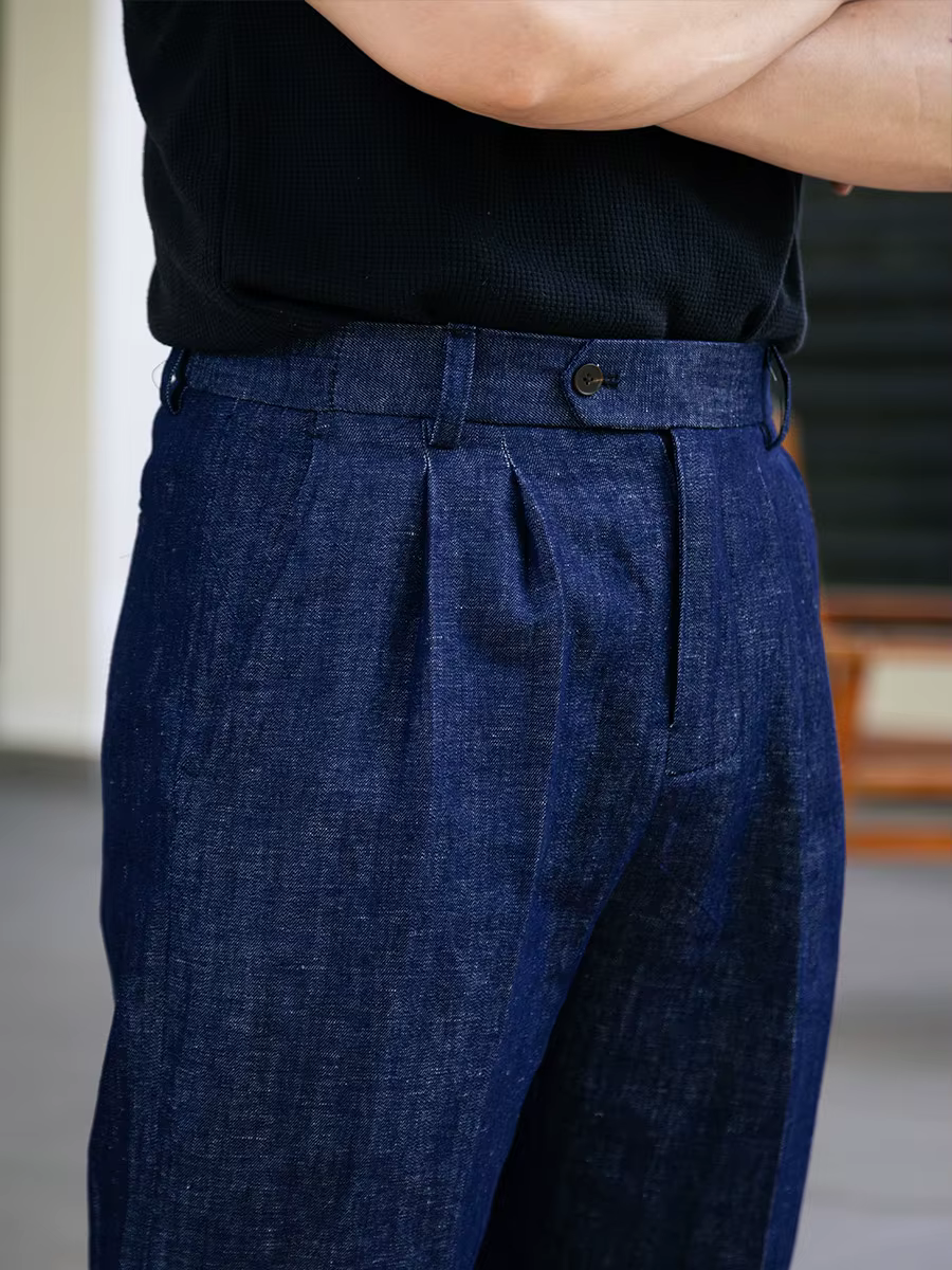 Pantalon décontracté pour homme style italien avec taille élastique | Denim bleu délavé en coton-lin