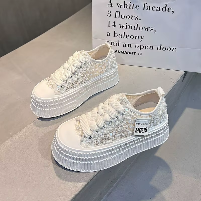 Nouveau Air Mesh blanc chaussures brillant paillettes femmes décontracté à semelles épaisses chaussu