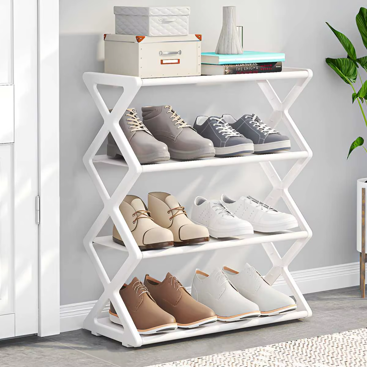 Étagère à chaussures 4 niveaux en X, multifonctionnelle et anti-poussière pour dortoirs, entrées, co