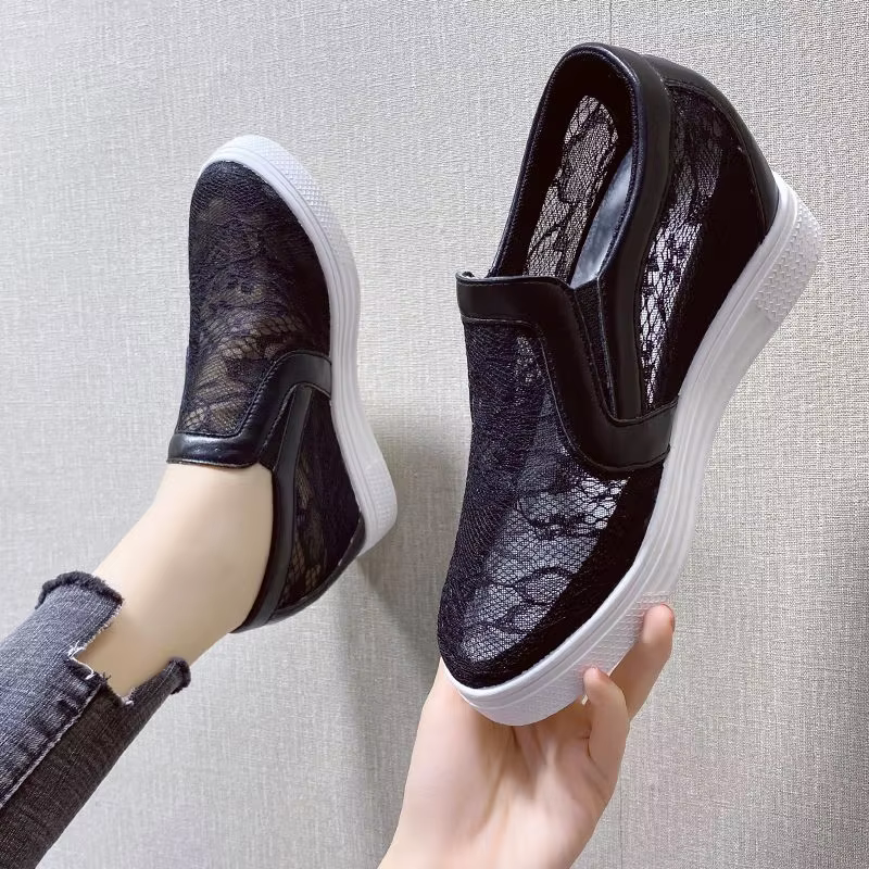 Nouvelles Baskets compensées à plateforme pour femme, à fleurs en dentelle, rehaussantes, respirante