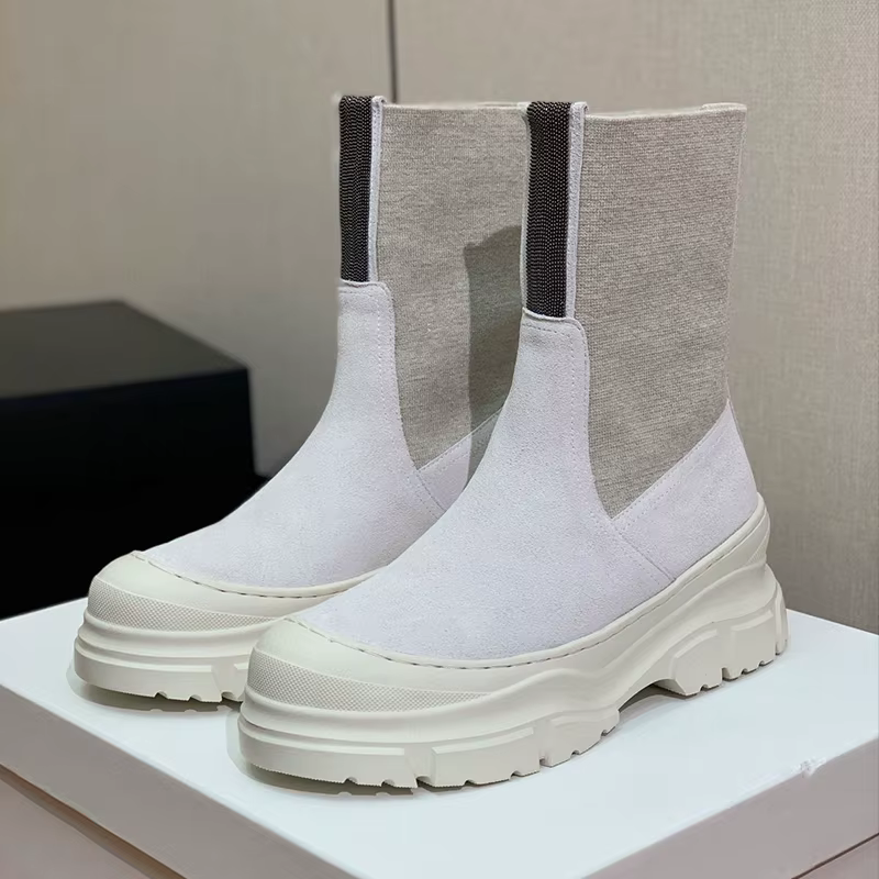 Enfant daim bande élastique Patchwork cheville Botas femmes bout rond Lacer-up plat fond épais botte