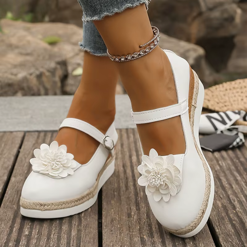 Blanc Mary Jane chaussures à semelles compensées pour femmes mode fleur décor Espadrilles sandales f
