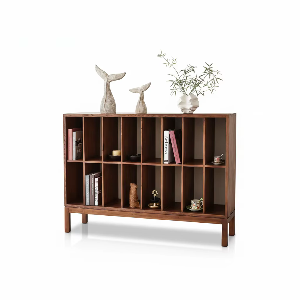 Bibliothèque en bois massif, armoire de rangement Wabi Sabi avec design en grille, meuble d'entrée m