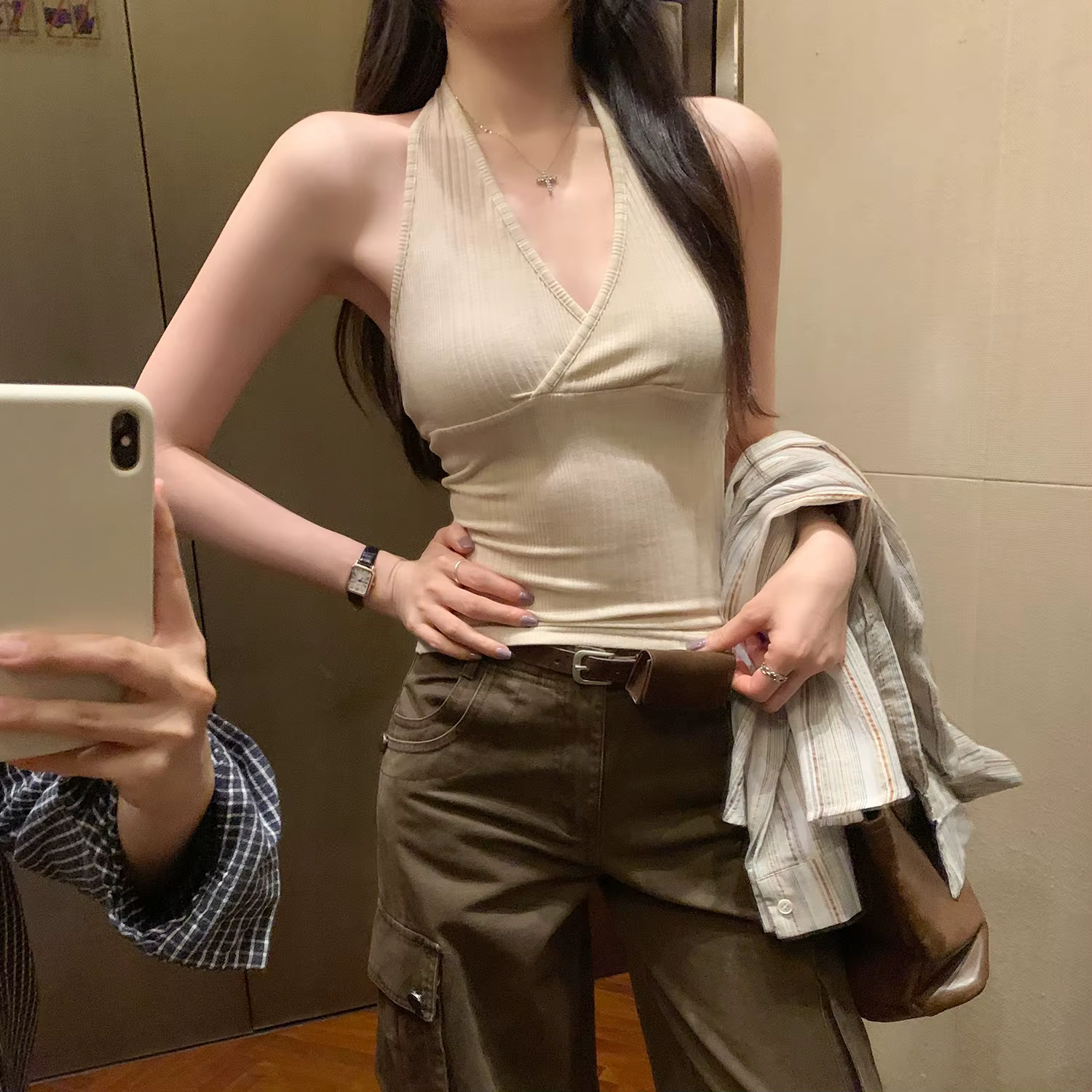 Débardeur Crop Top Femme Style Spice Girl, Col Halter Croisé en V, Couleur Unie, Nouvelle Collection