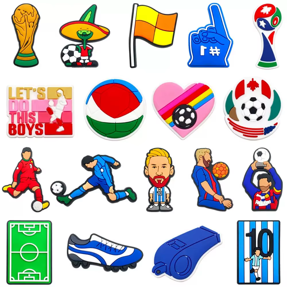 Lot de 18-36 breloques pour chaussures, série Stars de football, accessoires de chaussures de dessin