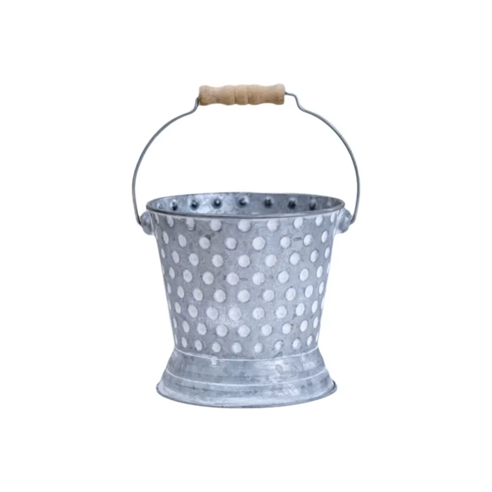 Jardinière en fer forgé de style rustique créatif, avec poignée en bois vintage, vase de ferme, text