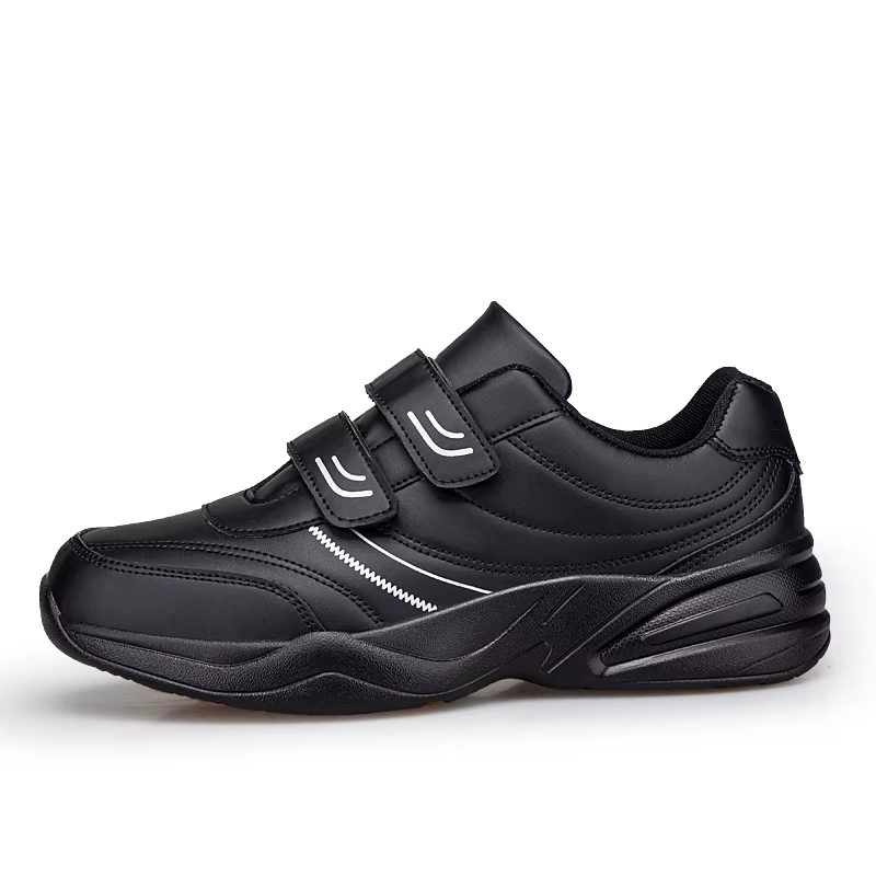 Chaussures de sport décontractées en cuir noir pur pour hommes, ajustables avec fermeture auto-agrip