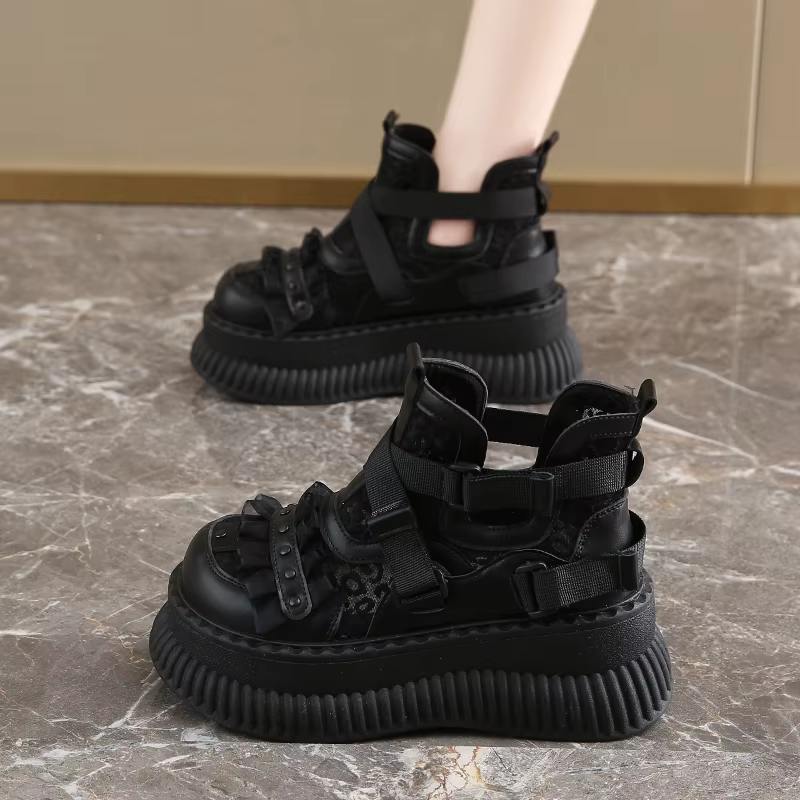 Baskets en dentelle à fond épais pour femmes, escarpins avec boucle de ceinture, élégantes, conforta