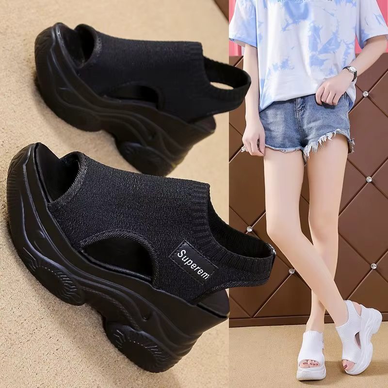 Sandales pour femmes 2022 été talon compensé tissu élastique couverture pied dames sandales à semell
