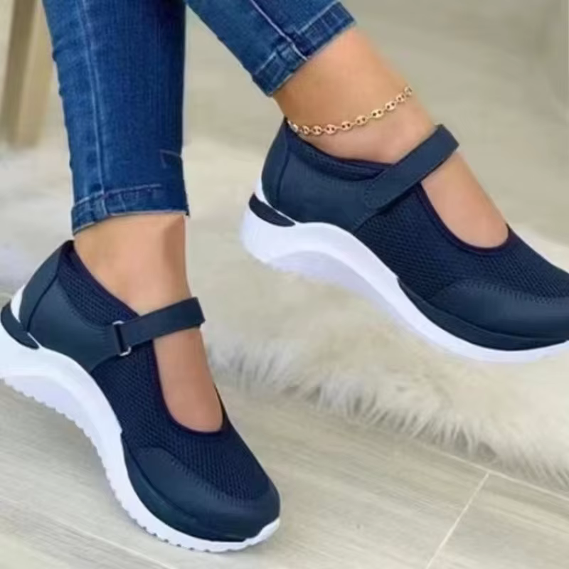 Femmes chaussures semelle épaisse chaussures simples bout rond tricoté femme baskets marche grille c