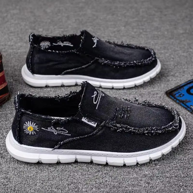 Mocassins bas décontractés unisexes, Denim délavé avec broderie de marguerite, chaussures en toile d