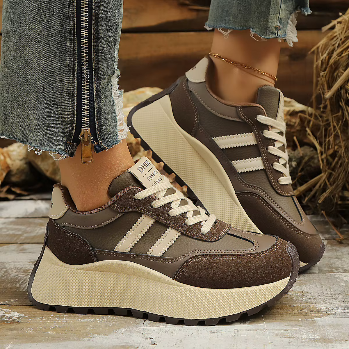 Chaussures de Sport décontractées pour femmes, bloc de couleurs en cuir PU, talon épais, stimulant l