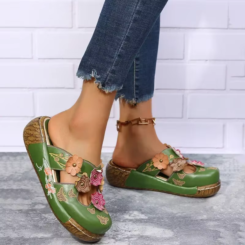 Chaussures mules compensées pour femmes, sandales coulissantes découpées à imprimé floral, chaussure