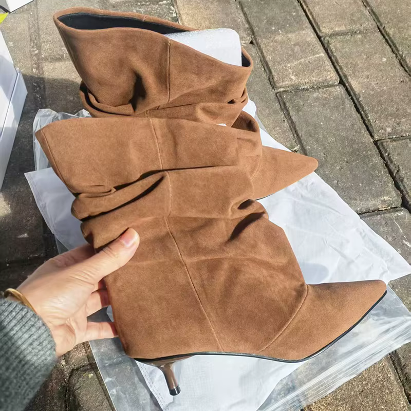 Aneikeh hiver Style De rue bout pointu bottines Femmes plissé bottes courtes Femme rétro concepteur 