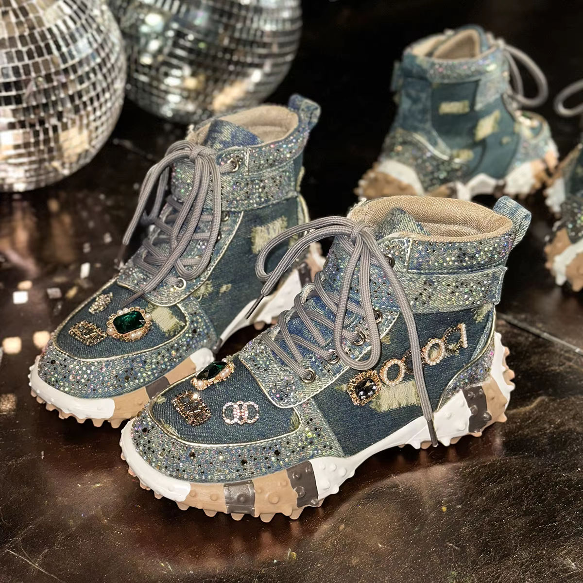 Chaussures montantes en diamant d'eau pour femmes, chaussures de sport décontractées, en Denim, pour
