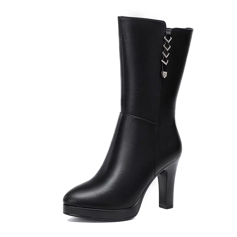 Bottes de moto mi-mollet en cuir peluche pour femmes, chaussures à plateforme, talons hauts, confort