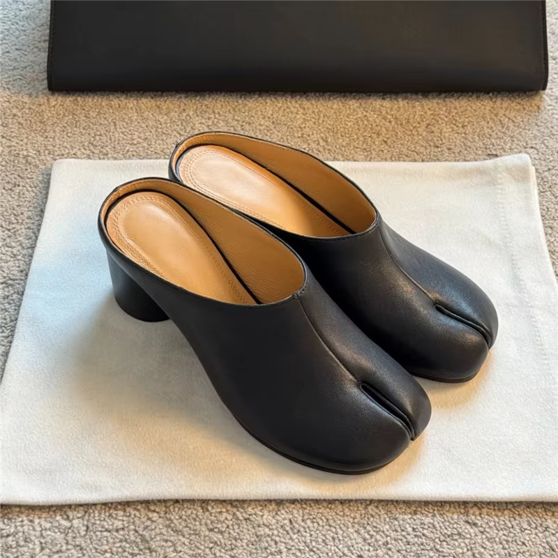 Nouvelles mules Tabi à bout fendu 2026 en cuir véritable, talon épais, sans bride, à enfiler, chauss