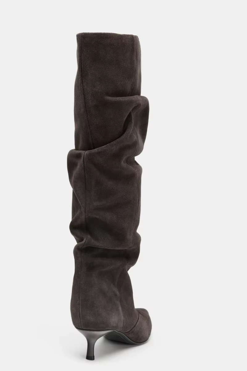 Hiver plissé daim genou bottes hautes femmes rétro marron bout pointu chaton talons bottes concepteu