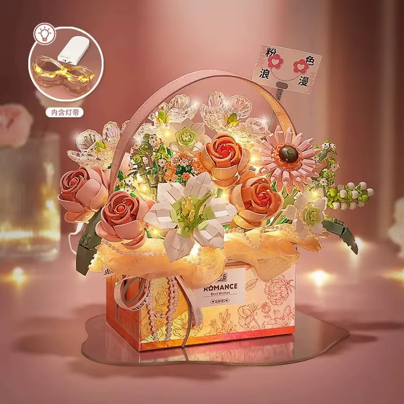 Bouquet de roses roses créatif en blocs de construction, série de boîtes cadeaux portables pour bouq