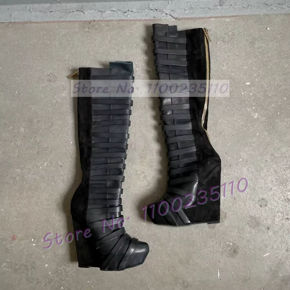 Bottes hautes à plateforme noire pour femmes, chaussures de piste à bretelles multiples, bout rond, 