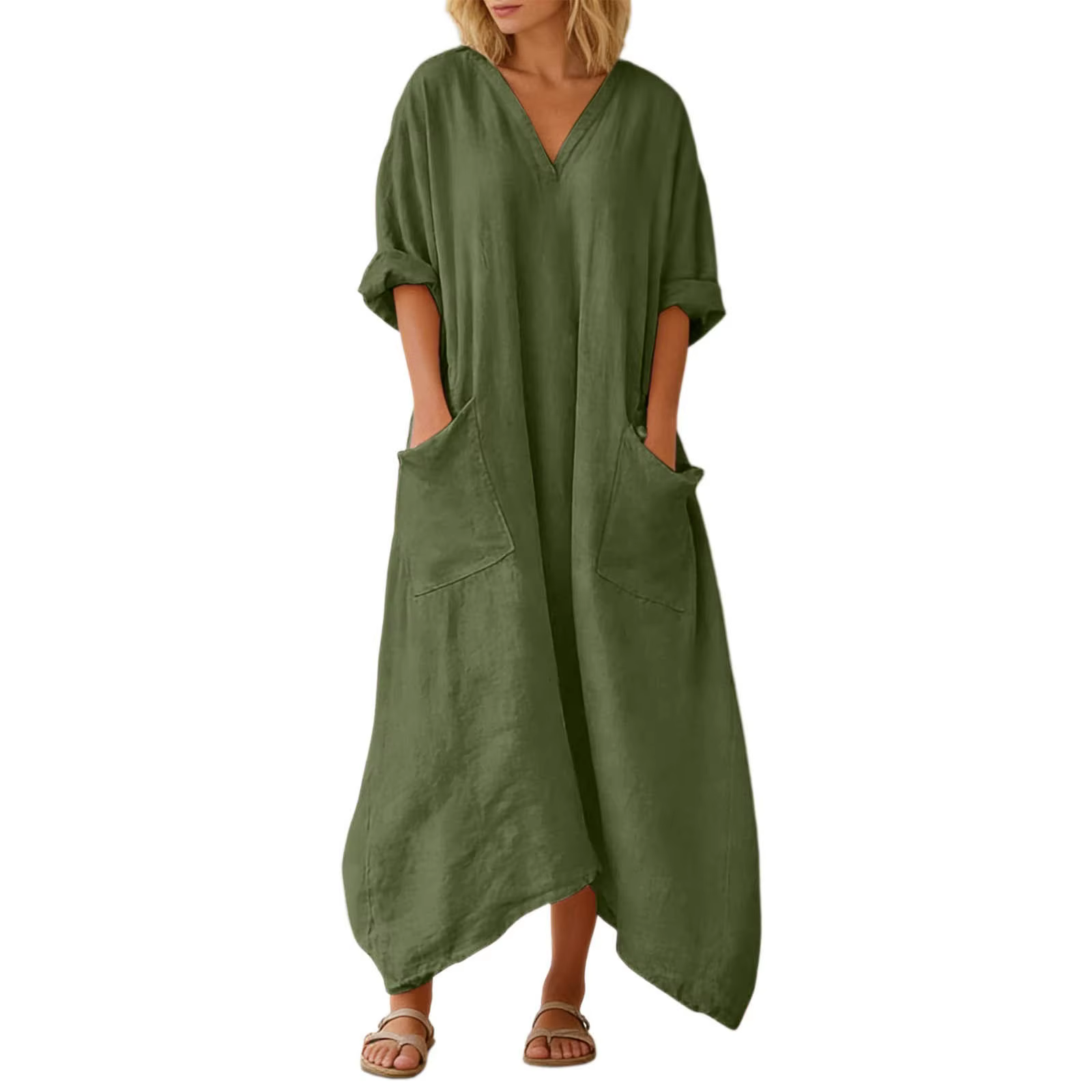 Robe d'été décontractée surdimensionnée pour femmes, col en V, manches 3/4, robes maxi avec poches, 