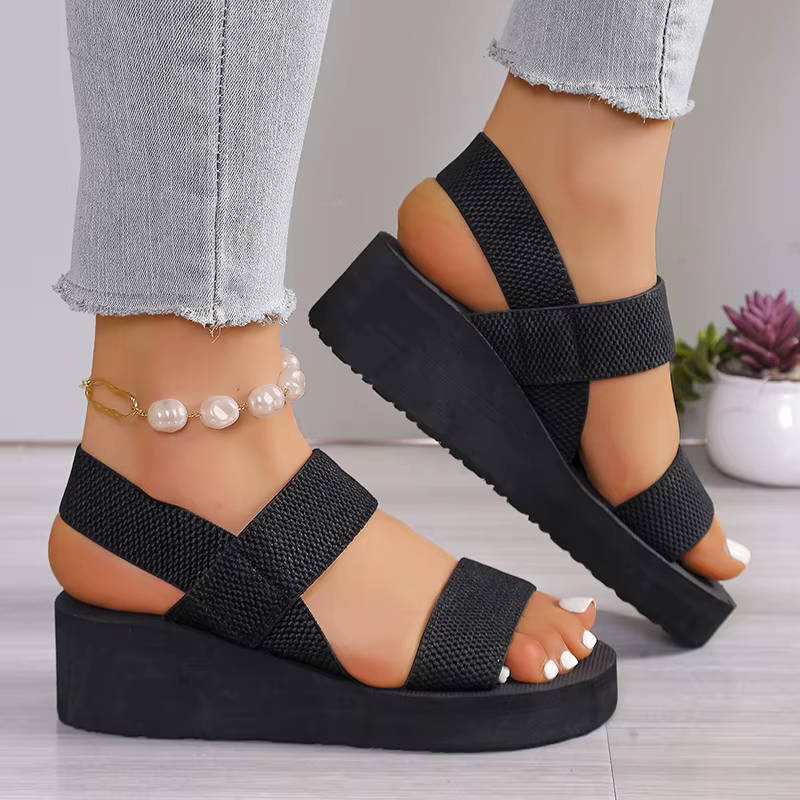Sandales compensées à bande élastique noire pour femmes été 2025 chaussures de plage légères antidér