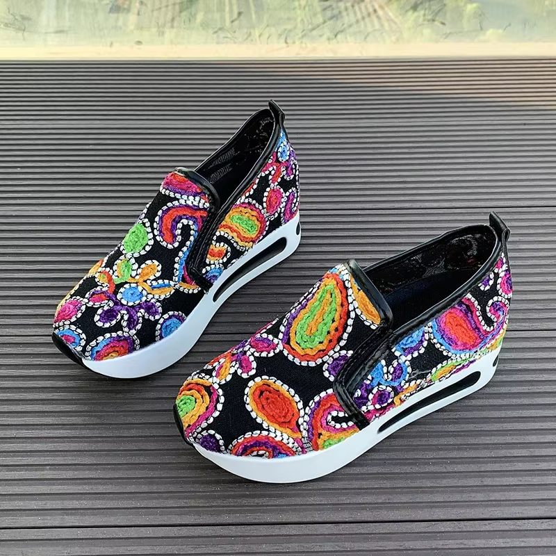 Chaussures compensées pour femmes, baskets à plateforme en maille brodée, bout rond, motif Floral, n